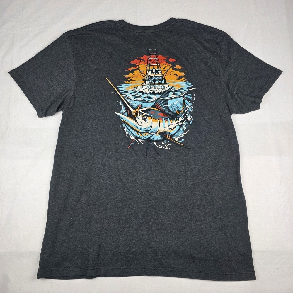 AFTCO Gray Fish Graphic Logo T-Shirt Crew Neck Short Sleeve Men's L